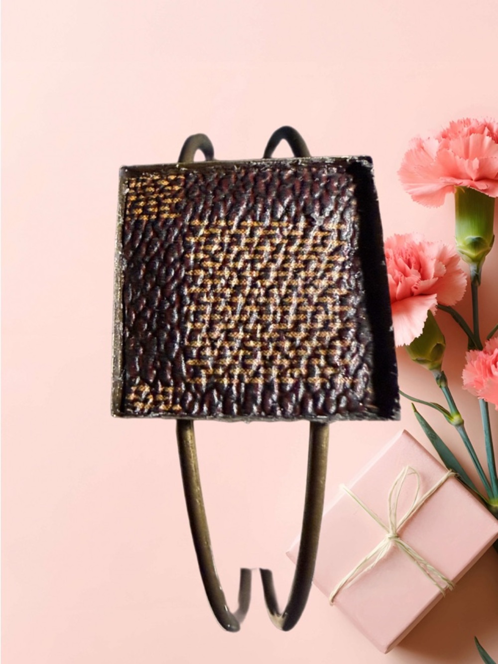 Square Textured Leather Bracelet in Brown and Gold